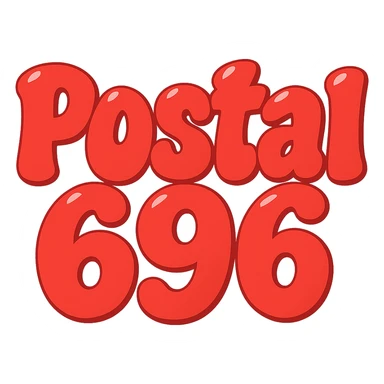Change the font color to red for 'Postal 696', keep the extra puffy bubble letter style, whimsical and lighthearted, with a transparent background. Maintain the whimsical and lighthearted feel with extra puffy bubble letters. sticker