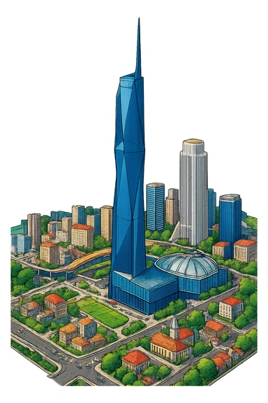 Изометричный, яркий, детализированный и фотореалистичный макет башни Merdeka 118 в Куала Лумпур. В стиле 3D-коллажей городов, насыщенные цвета, аккуратные и чёткие линии, мультяшно-реалистичная стилистика. Чёткие контуры, не размазанные линии, высокое качество, прозрачный фон, не обрезать края картинки sticker