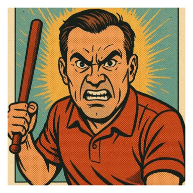 a furious father gripping a baton, intense eyes, bold lines, vibrant colors sticker