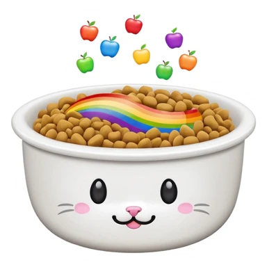 adorable cat food bowl overflowing with food, white kibble and colorful rainbow bits, apple emoji style sticker