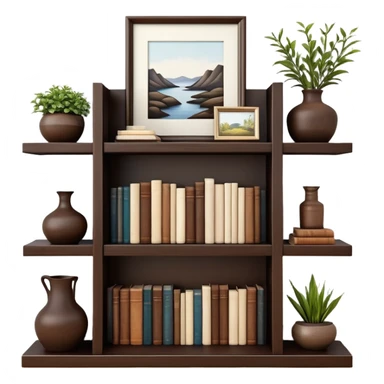 Wooden shelving unit with books and decorative items sticker
