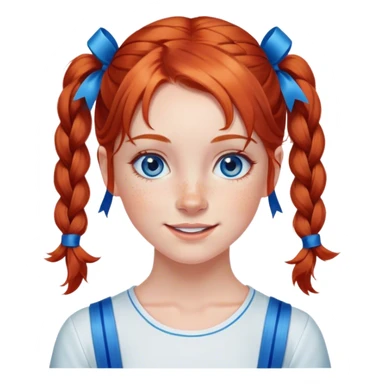A cheerful, young red-haired girl with bright blue eyes and freckles, styled in two playful pigtails tied with blue ribbons. sticker