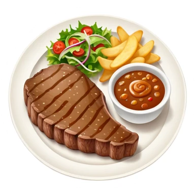 big juicy australian steak meal featuring chips, small salad in a ramikan and gravy in a small bowl on the plate sticker