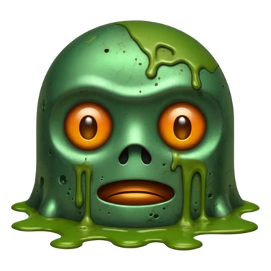 make a tired old melting robot emoji, covered in green sludge, 2d, make the eyes melting and gross sticker