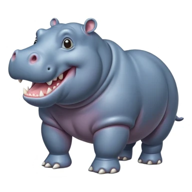 cinematic-hippo-realistic-full-body-side-view-standing-on-all-fours-emoji,-massive-round-frame,-wide-mouthed-grin-exposing-huge-teeth,-head-tilted-dramatically,-thick-greyish blue-hide-glossy, big cute eyes sticker