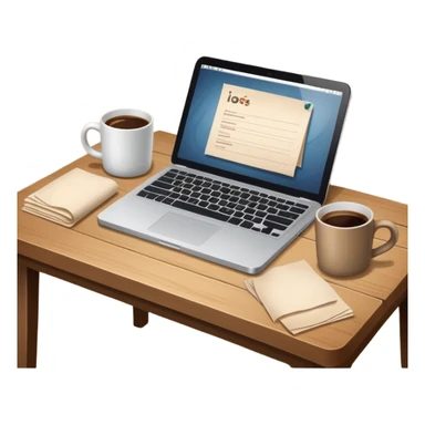 emoji of a cozy desk with a paper, a single coffee, and a laptop on it sticker