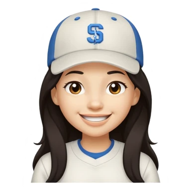 Digital illustration of a cartoon character with a big smile on its face and winking with one eye. The character has long dark hair and is wearing a white baseball cap and casual clothes. The overall style of the illustration is cute and playful. sticker