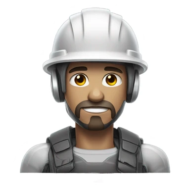 muscular cyborg face half human with short straight, dark hair, hardhat, and a neatly trimmed beard sticker