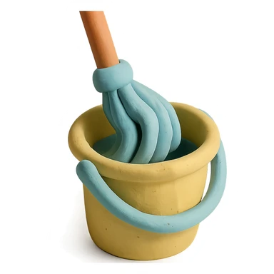 close-up of mop wringing out in a bucket, soft lighting, pastel colors, claymation style sticker