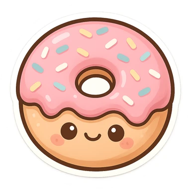chibi sticker-style donut with a smiling face, cute and exaggerated sticker