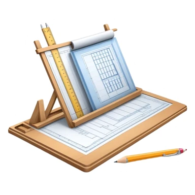 Sleek icon for Architecture: engineer's drawing board with building blueprints, 3D model of the building out of board, pencil, ruler, protractor. Transparent background. sticker