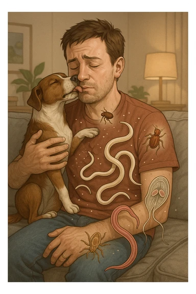 "Man cuddling with his beloved dog on couch, unaware that fleas, ticks, and worms are jumping from pet's fur onto his clothing, microscopic visualization showing roundworms, hookworms, and giardia transferring between species, expression of loving pet owner ignorant of health risks, living room becoming cross-contamination zone, pet's scratching and licking spreading parasites to human environment" in italiano sticker
