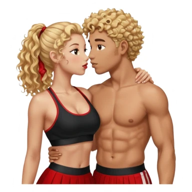 athletic man, high top fade, blonde curly hair only top only, no shirt and Athletic girl with long light red wavy long hair and black sports, Put them together kissing, or holding hands give the girl red hair and a long skirt sticker