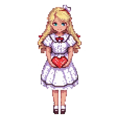 teacher with blond hair, wearing a dress, holding red hearts, white background sticker
