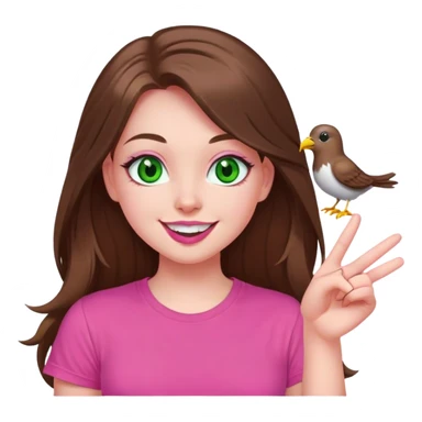 mid sized white skinned girl with green eyes and long brown hair giving the bird smiling maniacally in a pink t-shirt with pink lips sticker