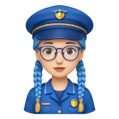 blue uniform wearing scout kid with braids and glassess with blue hat sticker