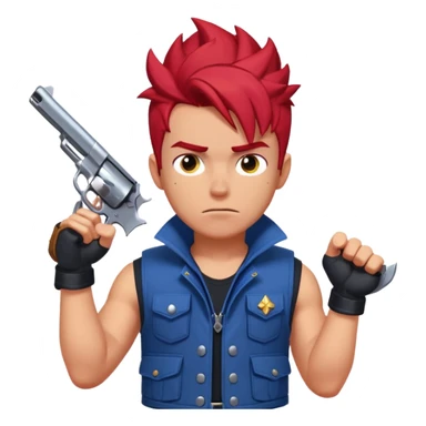 Colt from Brawl Stars, confident pose, spiky red hair, dual revolvers, blue vest sticker