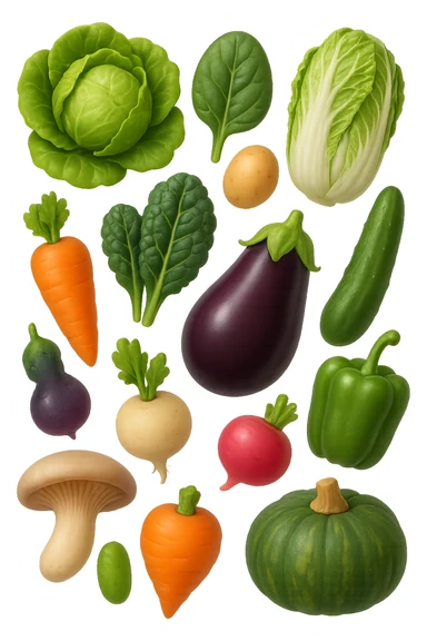 emoji stile iphone 3d di Lattuga, spinaci, cavolo cinese, cavolo nero
Patate, carote, rape, ravanelli
Melanzane, cetrioli, peperoni verdi
Funghi ostrica
Zucca kabocha
 che fluttuano in aria, iperealistico 4k sticker