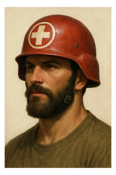 bearded man, red medic helmet, semi-realistic, strong jawline, white cross emblem, clean background sticker