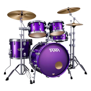  "Create a vibrant and detailed emoji representing Lars Ulrich's Tama Starclassic drum kit. The design should feature a sleek, glossy purple drum kit with glittering accents, including two large bass drums positioned side by side. The snare drum, toms, and cymbals should be clearly visible, with a high-shine finish that reflects the light. Add subtle musical notes around the kit to evoke rhythm and energy. Use a color palette of deep purple, black, silver, and sparkling accents to emphasize the unique look of this iconic setup. The background should be transparent. sticker