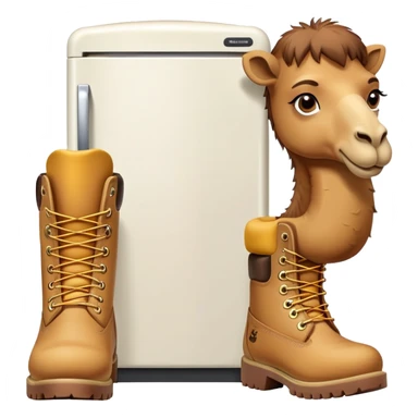 A camel face with long eyelashes on top of a boxy white refrigerator body, with four yellow-brown Timberland boots at the bottom sticker
