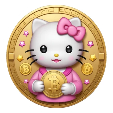 Hello Kitty holding a large coin with a crypto symbol, surrounded by digital sparkles, cute emoji style sticker