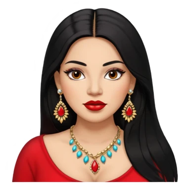 Mexican Light skin brown eyes glamorous full figured women black long straight hair red lips necklace and earrings long lashes sticker