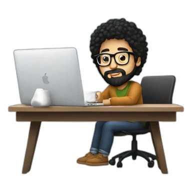 Designer with black hair, beard and glasses working with MacBook and drinking cappuccino  sticker