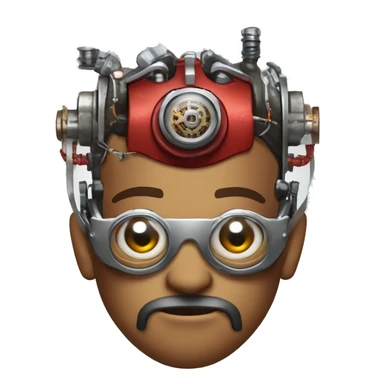 Brown cyborg head with red Mohawk, red beard. silver steampunk monocle goggles a smile and circuits sticker