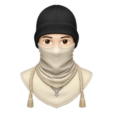 Ultra-detailed studio shot of a post-apocalyptic off-white balaclava — deconstructed, frayed, layered, with braided rope tassels and subtle embroidery. Minimalist white background, soft lighting, sharp focus. High-fashion streetwear aesthetic. The face of a person in a mask should not be visible sticker