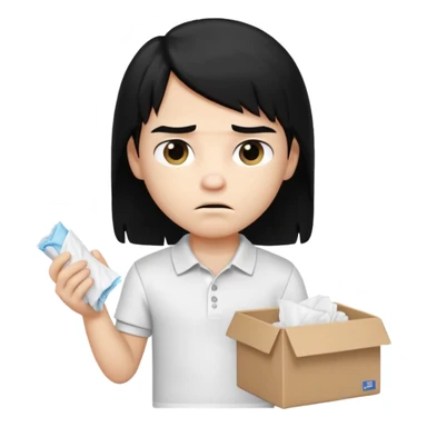 generate a pretty bratz boy with long black hair, wearing a white polo shirt. Looking sad, holding a box of tissues in right hand sticker