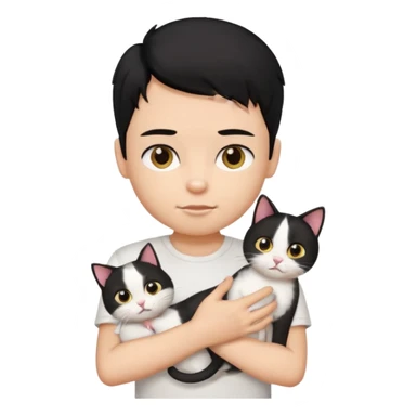 generate a pretty bratz emoji of a boy with black hair wearing a white tshirt and holding a cat in his right hand sticker