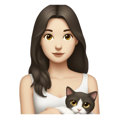 A pale girl with dark brown hair and dark brown eyes holds a white cat and look at the cat sticker