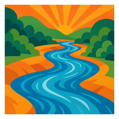 Show the flowing water as a vibrant, dynamic river, with visible current and riverbanks, in a vibrant toon style. sticker