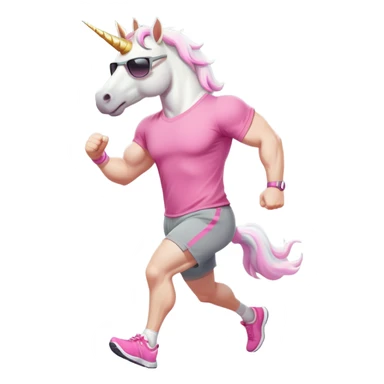 friendly anthropomorphised male white unicorn with a fit, chunky, muscular and strong physique, arms and legs matching the white of the head, in grey shorts and pink t-shirt, wearing dark sunglasses, jogging upright in a standard pose sticker