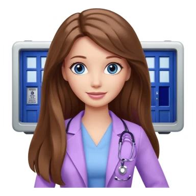 beautiful barbie girl with long brown hair, blue eyes and wearing light purple clothes watching dr who on tv sticker