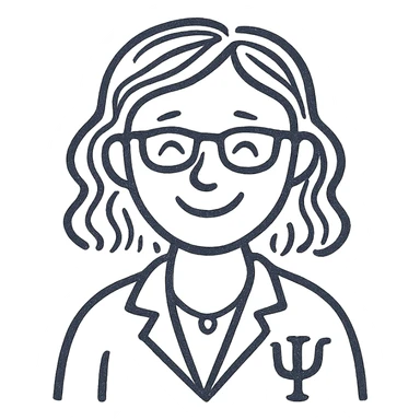 woman psychologist with red hair, smiling, hand-drawn black outline sticker