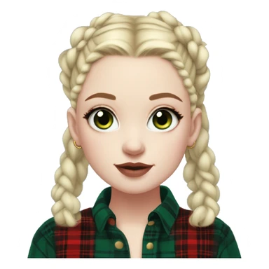  Pale skinned girl, blue eyes, dark green space buns hairstyle, wearing a red flannel, gold hoop earrings, thick wing eyeliner sticker