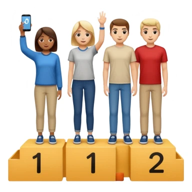 show people on podium in first, second and third place. The podium should be labeled 2, 1, 3. The middle position should only have the number 1.  the people should be dressed causally in regular relaxed clothes

 sticker
