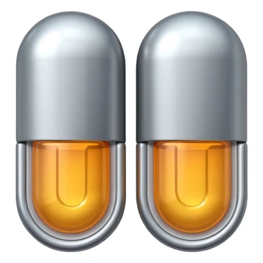 capsule pill emoji, metallic silver halves, smooth glossy finish, futuristic pharmaceutical 3D icon, isolated on white sticker
