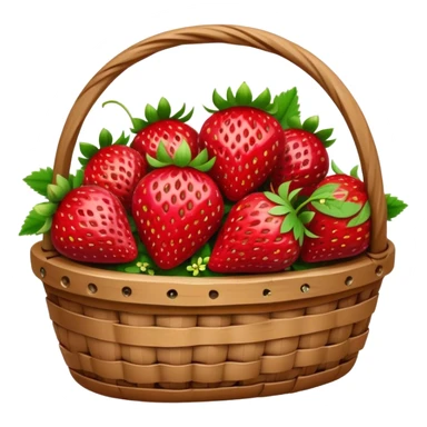 Cinematic ripe strawberrie, deep red, glossy with tiny seeds, green leaves still attached, gathered in a rustic basket, warm glowing background, fresh and sweet. sticker