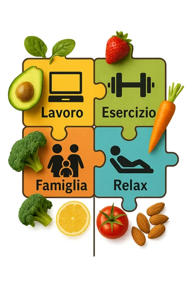 Puzzle (Lavoro, Esercizio, Famiglia, Relax), in lavoro metti icona di un PC, in Esercizio un Manubrio, in Famiglia una famiglia, in Relax qualcuno che riposa and healthy foods are integrated into each piece. in italiano sticker