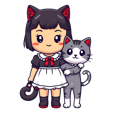 girl with black Lolita dress and black hair with red tips next to an American Shorthair tabby cat sticker