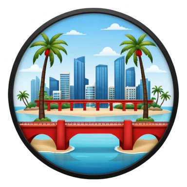 a circle island with modern buildings, a beach with palm trees. also, a red bridge behind.  sticker
