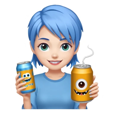 Chibi sticker of a woman with powder blue hair, lower back length, with white eyes hold a can of Monster with a smug smile; cozy cartoon style sticker