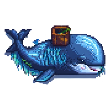 a pixel art whale on a barn sticker