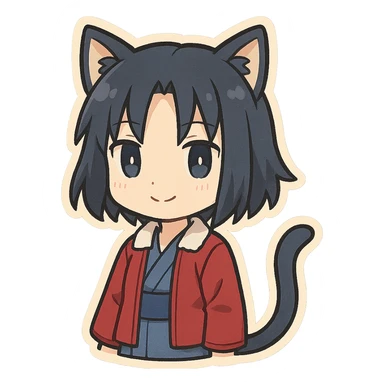 Ryougi Shiki as a chibi with cat ears and cat tail, neutral smile sticker