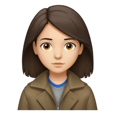 Hobo tomboy with shoulder-length dark brown hair that is parted in the middle. brown eyes, dark dull brown coat, grey shirt. sticker