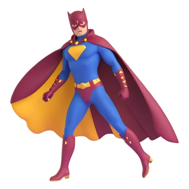 superhero in dark blue and maroon bodysuit with gold accents, digital cape, maroon boots, dynamic stance sticker