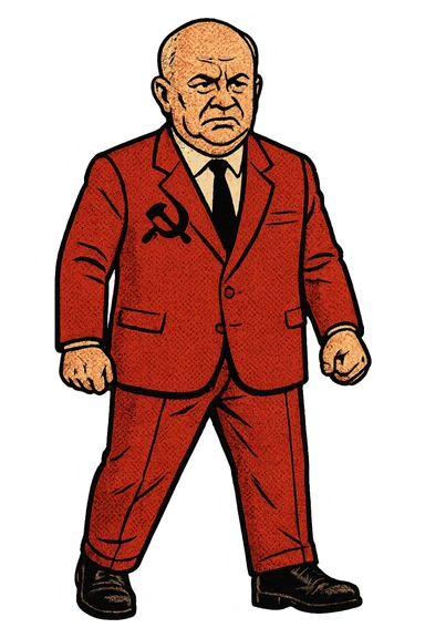 The full body of a male middle aged Russian leader who looks like Nikita Khrushchev wearing a red suit with the communist party logo and looking seriously sticker